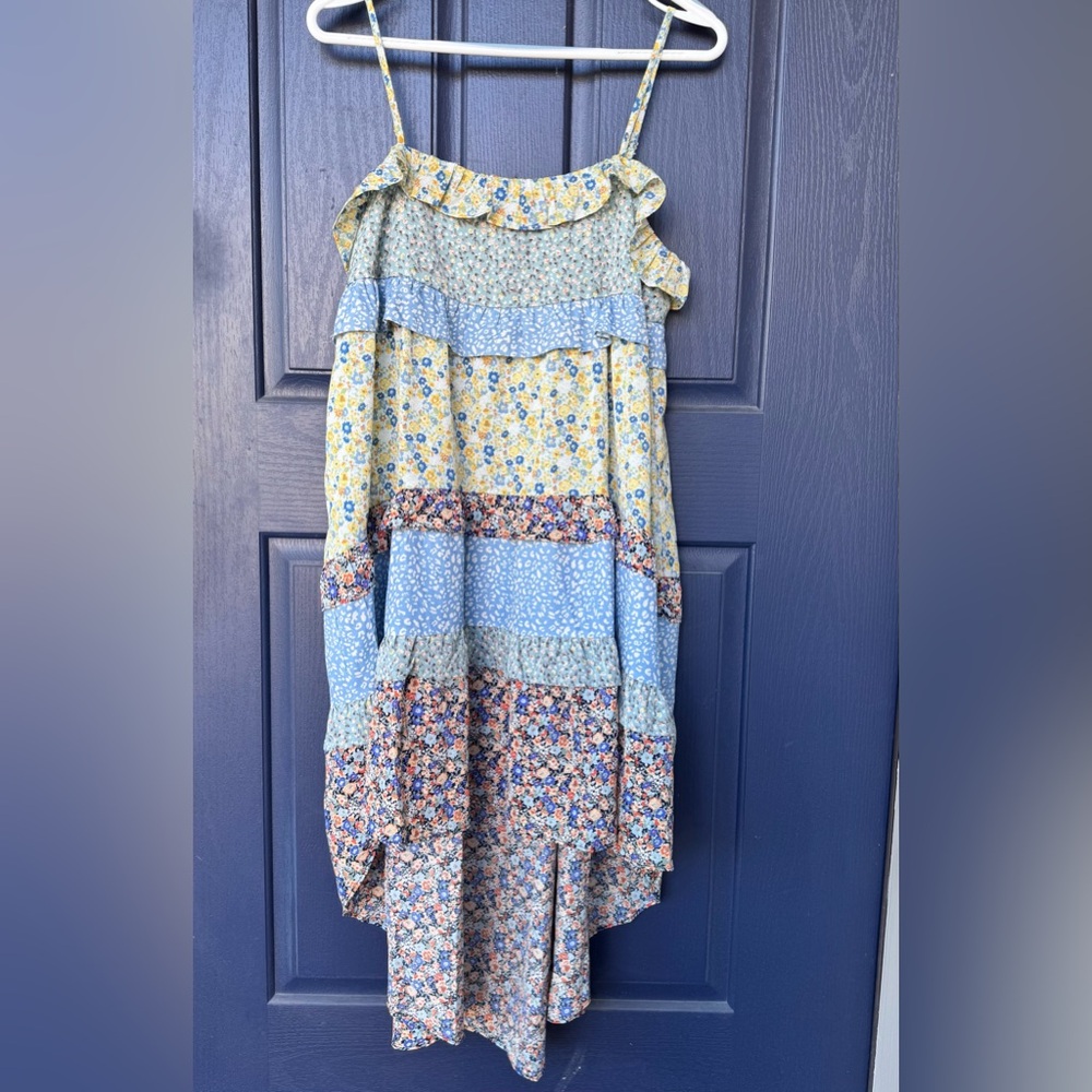 Umgee Women's Blue, Yellow, Pink, Cream Floral Mixed Media High-Low Dress, Sz S